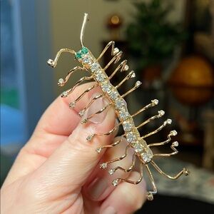 Vintage Sparkly Rhinestone Centipede Bug Insect Gold Tone Brooch